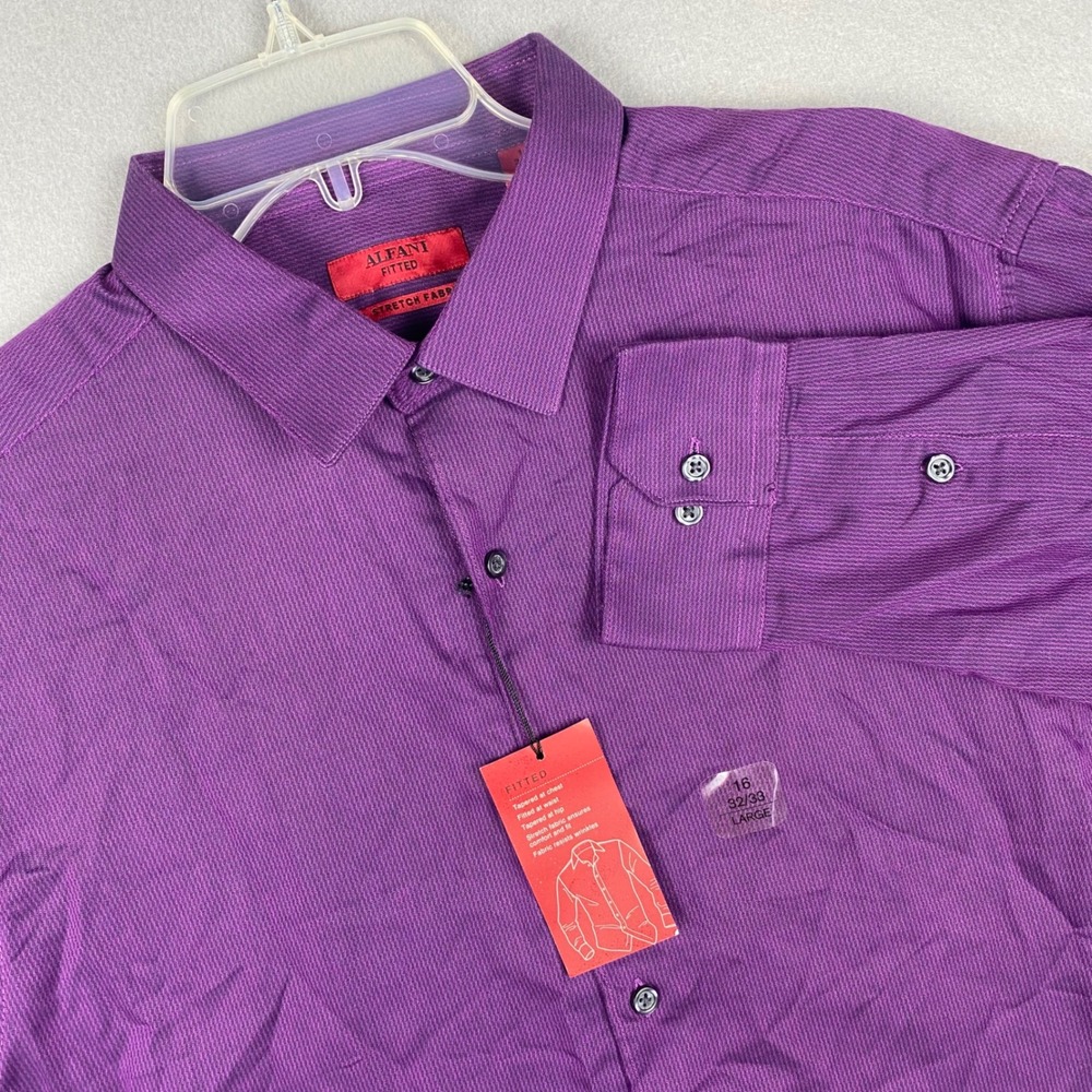 Alfani Fitted Purple Stretch Easy Care Button Down Shirt Mens 16 32/33 Large
